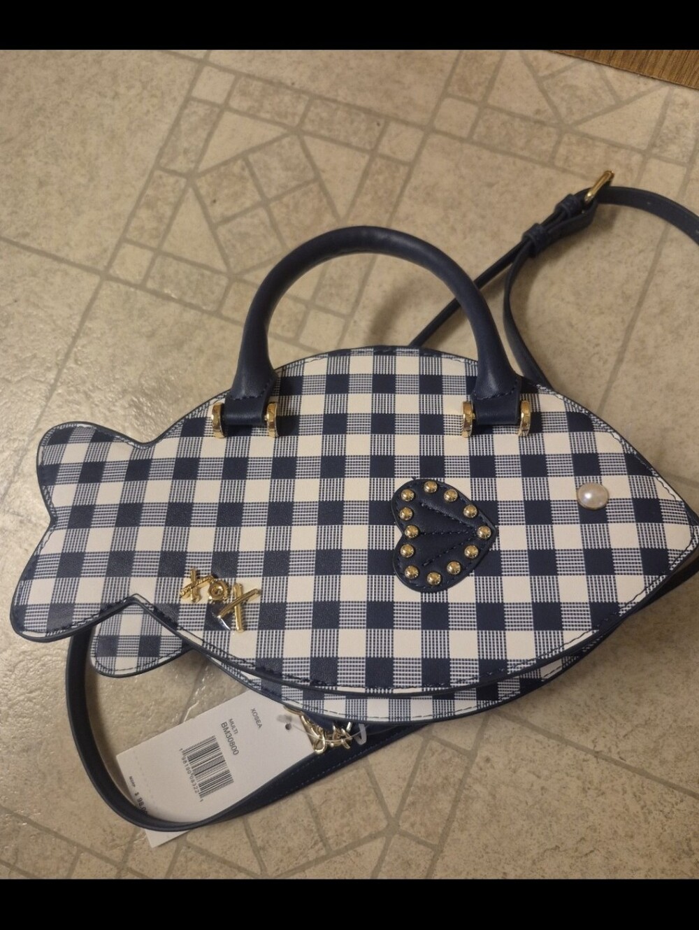 Betsey Johnson XO Sea Fish Shaped Navy & White Gingham Pattern Crossbody Bag - Picture 7 of 8